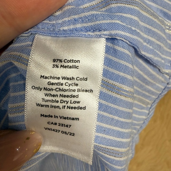 Talbots Womens Blue White Metallic Silver Striped Button Ruffled Shirt Lp - Picture 4 of 9